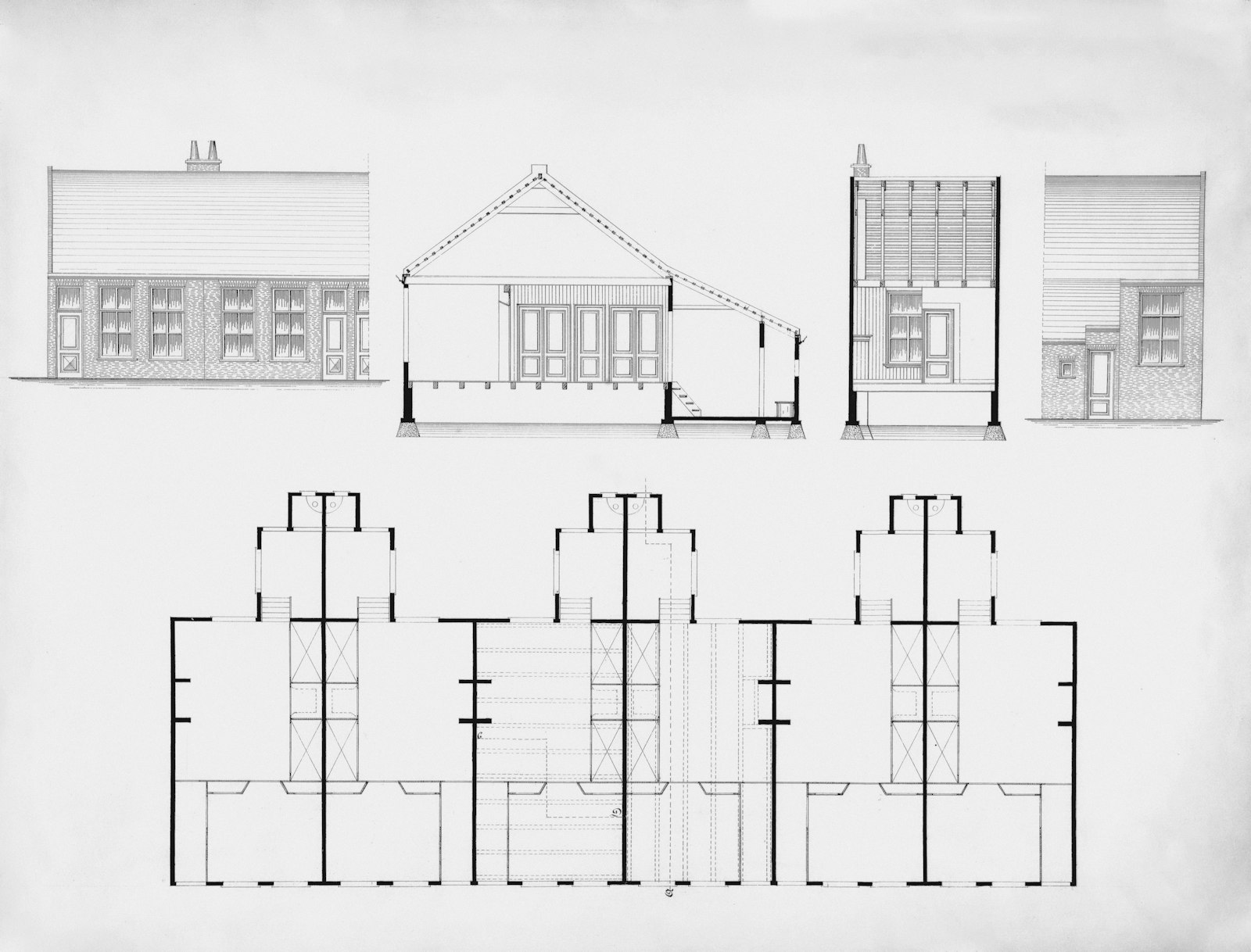 Architectural and structural drawings: elevations, plans and sections.