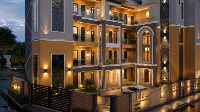 A BANEC residential project at dusk showing electromechanical lighting.